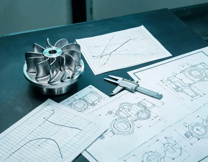Pump engineering desk with impeller and drawings
